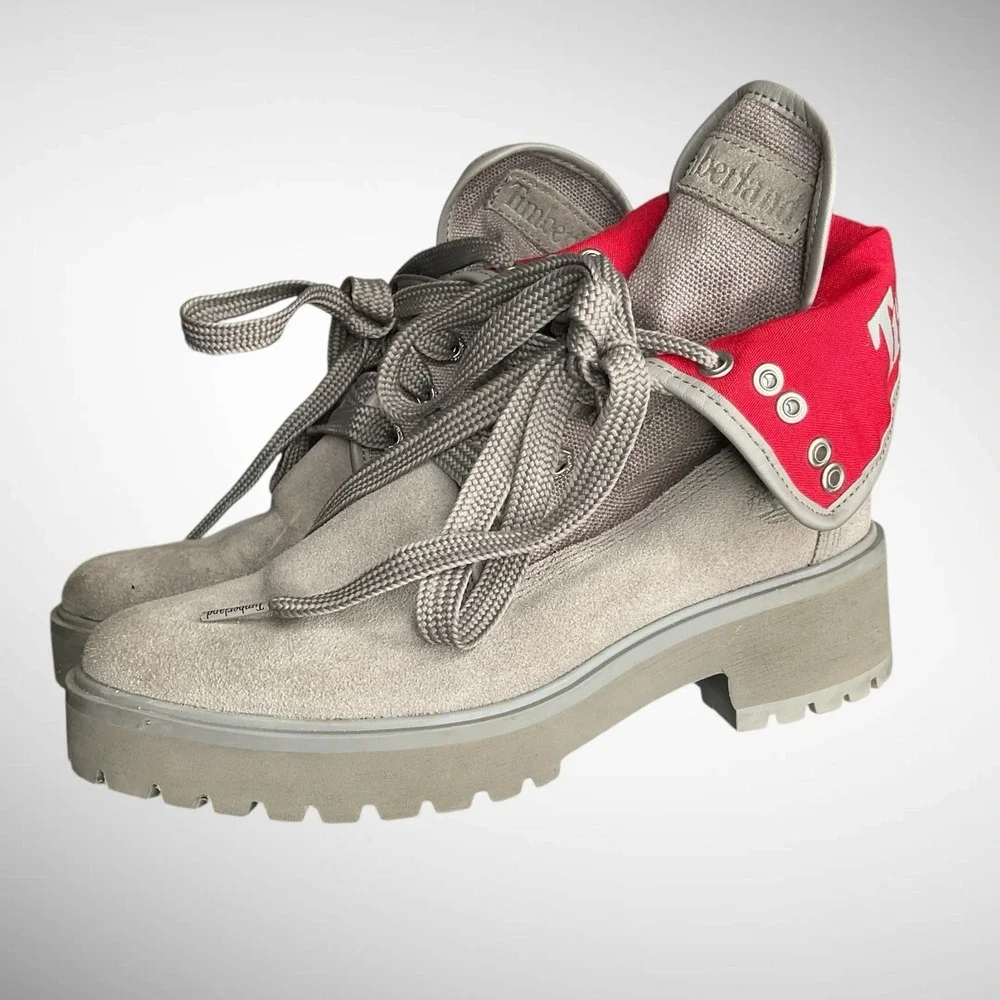 Timberland Carnaby Fold-Down Grey Red Boots Womens Size‎ 6 Waterproof Minimalist